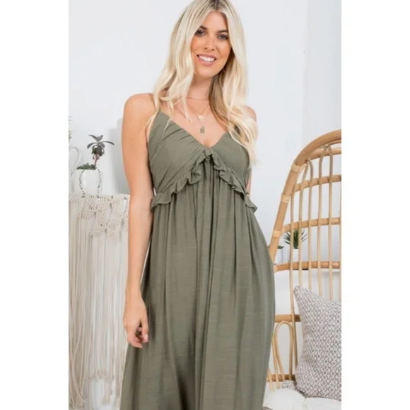 SOLD OUT Olive Bohemian Ruffle Long Full Length Sleeveless Casual Maxi Dress - Picture 4 of 4